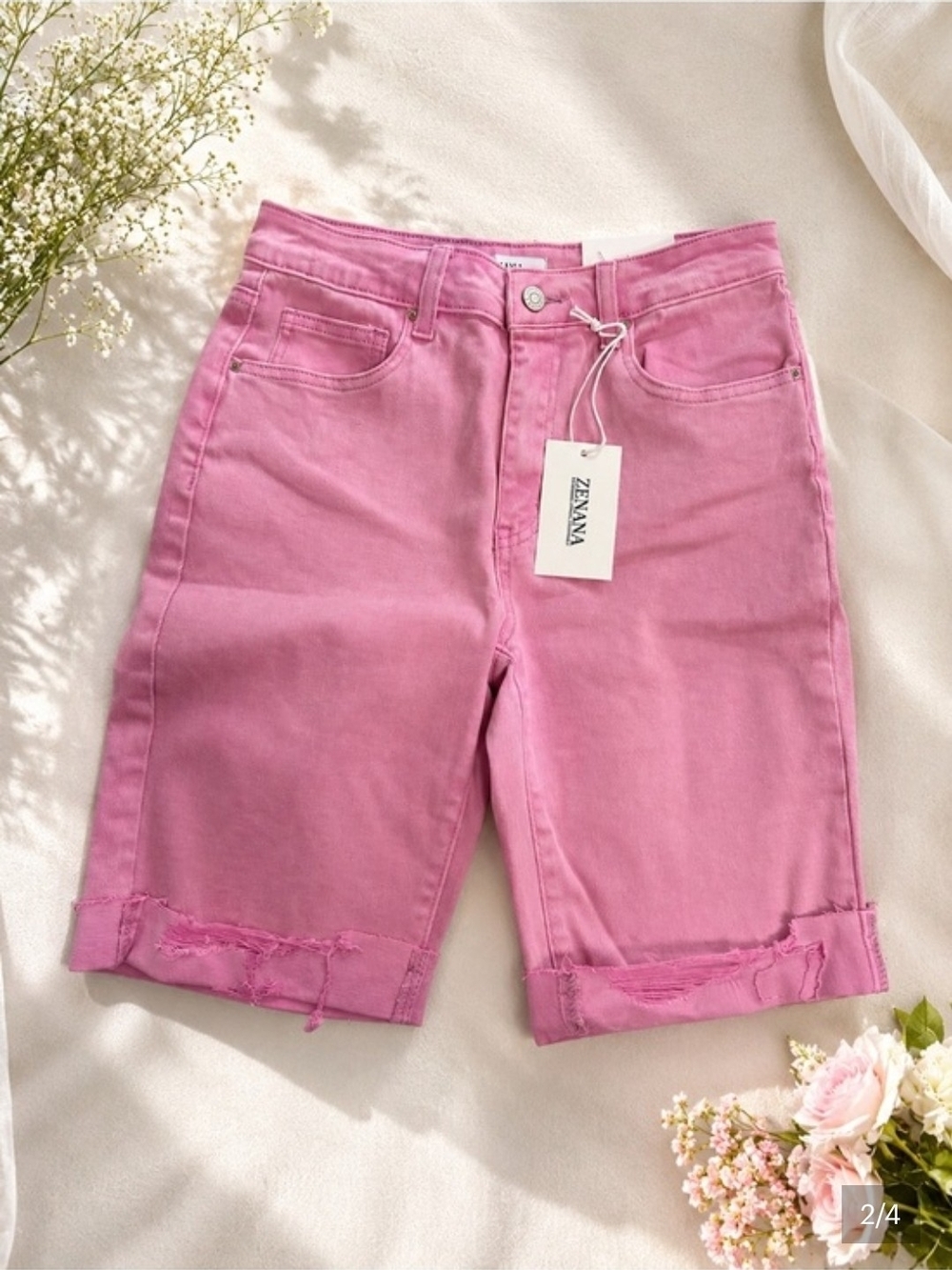 Zenana Pink Raw Hem Denim Bermuda Shorts